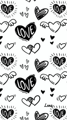 black and white hearts with the word love written in them on a white background seamless pattern