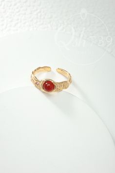 Red agate open ring  adjustable size with open design S925 sterling silver plated with 18K gold R018 Gold Ruby Open Ring, Gold Open Ruby Ring, Gold Ruby Open Ring With Gemstone, Red Agate, Open Design, Open Ring, Austin Tx, Rings Statement, Statement Rings