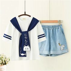 Product ID: JW4155 
 Material: Cotton, Denim 
 Color: White, Navy 
 Size Info: 
 T-shirt 
 One Size   Bust 102 cm, Length 55 cm, Sleeve 22 cm 
 Shorts 
 M   Waist 62-84 cm, Length 34 cm, Hip 96 cm 
 L    Waist 64-86 cm, Length 35 cm, Hip 100 cm www.ccovv.com Embroidery T Shirt, Kawaii Shirts, Dress Design Sketches, Kawaii Fashion Outfits, Animal Embroidery, Denim Color, Really Cute Outfits, Short En Jean, Kawaii Clothes