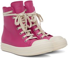 High-top buffed calfskin sneakers in pink. · Round calfskin cap toe · Lace-up closure · Zip closure at inner side · Treaded rubber sole Supplier color: Hot pink/Milk/Milk Pink High-top Sneakers With Contrast Sole And Round Toe, Pink Leather High-top Sneakers With Vulcanized Sole, Pink Leather High-top Sneakers With Rubber Sole, Pink High-top Sneakers With Contrast Sole, Pink Leather High-top Sneakers With Round Toe, Pink Leather High-top Sneakers With Contrast Sole, Pink High-top Sneakers With Contrast Sole For Spring, Pink High-top Sneakers With Rubber Toe Cap, Pink Casual Sneakers With Leather Sole