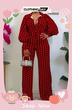 Spring Elegant Plus Size Red Plaid V-neck Puff Sleeve Loose Jumpsuit Jumpsuits Womens Fashion, Dressy Jumpsuits, High Waist Jumpsuit, Boho Print Dress, Loose Jumpsuit, Wrap Around Dress, Jumpsuit Elegant, Elegant Maxi Dress, Red Jumpsuit