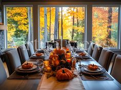 a dining room table is set with pumpkins and candles