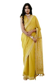 Yellow saree with dori embroidered floral motifs and scalloped border and sequin embellishments. Comes with padded scalloped border blouse. - Aza Fashions Bollywood Style V-neck Blouse With Resham Embroidery, Festive V-neck Georgette Blouse Piece, Navratri V-neck Blouse With Resham Embroidery, Elegant V-neck Traditional Wear With Pallu, Navratri Slub Silk Pre-draped Saree, Unstitched V-neck Traditional Wear For Diwali, V-neck Sharara With Zari Work For Diwali, Pre-draped Saree For Designer Wear At Eid, V-neck Saree For Reception And Festivals