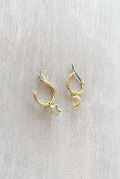 Gold plated huggies with star and moon charms. Moon Charm, Stars And Moon, Accessories Shop, Gold Jewelry, Moon, Gold Plate, Plating, Stud Earrings, Stars