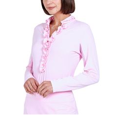 G Lifestyle | Long Sleeve Double Ruffle Top - Light Pink Have A Drink With Friends In This G Lifestyle Long Sleeve Double Ruffle Top In Light Pink. This Long Sleeve Double Ruffle Top By G Lifestyle Features Solid Long Sleeve Double Ruffle Top With Mesh Under Sleeves. Fast Drying Moisture Wicking Upf 50+ Sun Protection Menthol Cooling Antimicrobial New With Tags! Size Large Approximate Measurements Laying Flat: Length From Top Of Shoulder 25", Armpit To Armpit Across Chest 21 1/2", Hem Flat 21", Pink Fitted Top With Ruffled Collar, Drink With Friends, Tennis Tops, Flared Sleeves Top, Paisley Top, Quarter Zip Jacket, Light Pink Color, Top Light, Ruffle Top