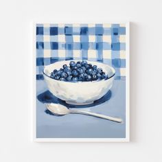 a painting of blueberries in a white bowl with a spoon on a checkered table cloth