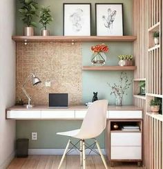 a white chair sitting in front of a desk