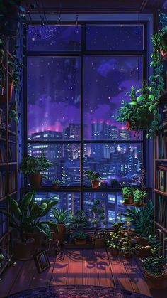 a room filled with lots of plants next to a window covered in purple sky lights