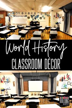 a classroom with desks and chairs in front of the words world history classroom decor