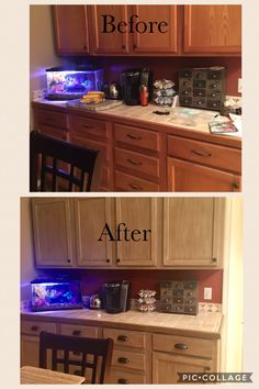 before and after pictures of kitchen cabinets with blue light under the countertop, and in between