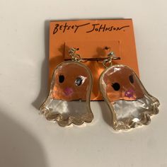 Betsey Johnson Girl Ghost Halloween Clear Gold Tone Dangling Earrings New With Tag Cute Halloween Party Jewelry, Cute Clear Jewelry For Party, Cute Clear Party Jewelry, Ghost Earrings, Plastic Crafts, Ghost Halloween, Betsey Johnson Jewelry, Dangling Earrings, Accessories Jewelry Earrings