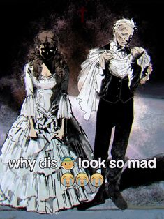 an image of a couple dressed up as bride and groom in wedding attire with the caption why dis look so mad