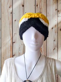 Black, yellow, and white Game Day Twisted Turban Headband Ear Warmer. Football or Hockey Steeler's and Penguin's inspired color theme. Can make in your choice of Game Day colors. Made to order 19" x 5" Hand Crocheted. Yellow One-size Headband Turban, Yellow Headband-style Turban, Yellow Headwrap Headband One Size Fits Most, Yellow Headwrap Headband One Size, Yellow Headwrap One Size Fits Most, Yellow One Size Fits Most Headband Headwrap, Adjustable Yellow Headband As Gift, Adjustable Yellow Headband Gift, Adjustable Yellow Headband For Gift