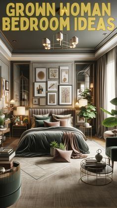 Masculine Bedroom For Women, Sophisticated Master Bedrooms Decor, Primary Bedroom Ideas Modern, Art Deco Bedroom Ideas Interior Design, Woman’s Bedroom Ideas, Grown Up Bedroom Ideas, Victorian Bedroom Ideas, Modern Glam Interior Design