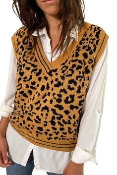 Brown V Neck Leopard Knitted Vest Trendy Knitted Sweater Vest For Fall, Chunky Knit Sweater Vest For Fall, Casual Textured Knit Sweater Vest For Fall, Casual Yellow Sweater Vest For Winter, Casual Yellow Sweater Vest For Fall, Knitted Brown Sweater Vest For Spring, Casual Yellow Knit Sweater Vest, High Neck Sweater Dress, Leopard Style