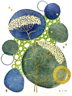 a painting with blue and green leaves on it's sides, surrounded by circles