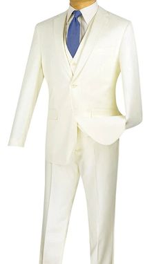 Command attention in the Formalita Collection Men's Slim Fit Vested Suit in Pristine Ivory. The single-breasted, 2-button design exudes a timeless charm, elevated by the inclusion of a matching vest. Tailored in a luxurious, Ivory hue, this suit is the epitome of elegance and sophistication. The slim fit cut allows for a contemporary and flattering silhouette, with the vest adding an additional layer of refinement. Featuring side vents for enhanced comfort and flat-front pants for a sleek look, Suit 3 Piece, Single Breasted Suit, Slim Fit Suit Men, Banded Collar Shirts, Suits Men Business, French Cuff Shirts, Slim Fit Tuxedo, Flat Front Pants, Slim Fit Suit