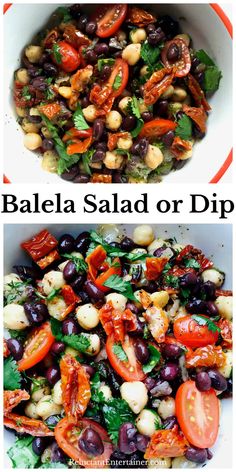 two pictures with different types of salads in them and the words balela salad or dip