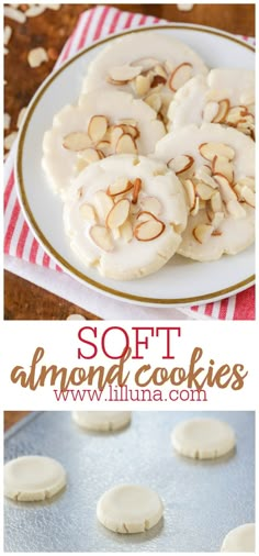 soft almond cookies on a white plate with red and white striped napkin