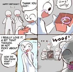 a comic strip with an image of a person opening a gift box and another cartoon character looking at it