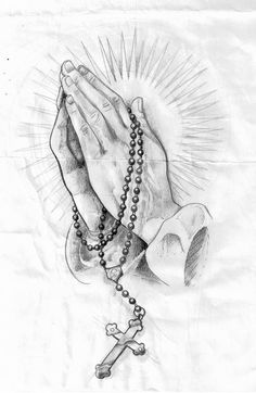 a drawing of hands holding a rosary