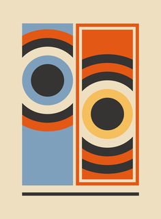 an orange, blue and black abstract painting with circles on it's sides in the center