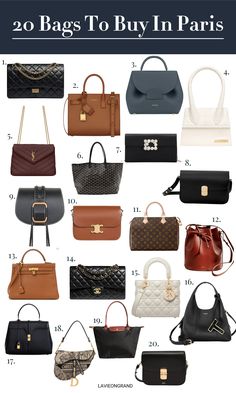 Graphic of 20 different handbags to buy in Paris. Designer Purse Collection, Capsule Wardrobe 2023 Paris, Types Of Purses Handbags, Luxury Classic Bag, Purses For 2023, 2023 Luxury Bag, Classic Luxury Handbags, It Bags Classic, Bags 2023 2024