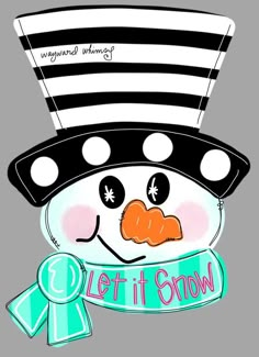 a drawing of a snowman wearing a top hat and holding a ribbon that says let it snow