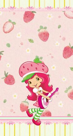 the strawberry girl is playing her guitar in front of some flowers and strawberries on a pink background