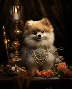 a small dog sitting on top of a table next to a candle and some flowers