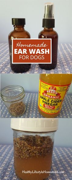 two jars filled with different types of ear wash and an image of the same jar