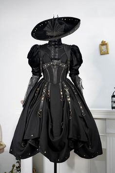 Gothic Lolita Black Ball Gown with puff sleeve - Gothic Corset Dress with Long Sleeve Blouse Plus Size - WonderlandByLilian Gothic Corset Dress, Touhou Cosplay, Dark Cosplay, Gothic Corset Dresses, Nontraditional Wedding Dress, Wedding Dresses High Low, Black Ball Gown, Sequin Evening Gowns, Gothic Wedding Dress