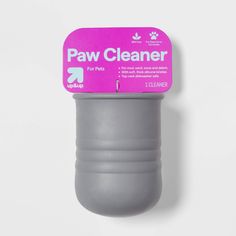 a gray water bottle with a pink tag attached to it that says paw cleaner