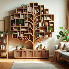 a living room with bookshelves and plants on the shelves in front of it