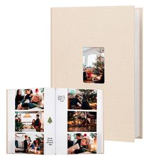 an open photo book with photos inside and outside the cover is shown in white paper