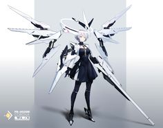 an anime character is standing in front of a white background with black and silver wings