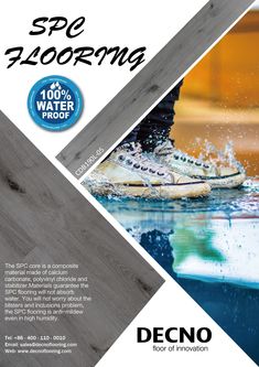 an advertisement for a wood flooring company with images of shoes in water and onlookers