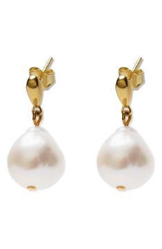 Polished oval earrings crafted from warm 18-karat gold-plated sterling silver offer elegant shine with lustrous cultured pearl drops. 1" drop; 1/2" width Pearl size: 9–10mm Post back Sterling silver/18k-gold plate/cultured pearl Imported Teardrop Pearl Earrings, Bday List, Pearl Earrings Wedding, Oval Earrings, Oval Earring, Earrings In Gold, Earring Crafts, Fabric Gift Bags, Keep Jewelry