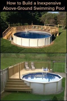 an above ground swimming pool with steps leading up to the top and below it, there is