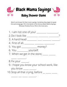 black mama sayings baby shower game is shown in this printable worksheet