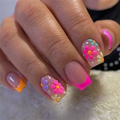 Colorful Flowers False Nail Short Square Press on Nails for Nails Art 24pcs | eBay Nagel Tips, Summery Nails, Nails For Women, Diy Nail Art, Short Acrylic Nails Designs, Pink Acrylic Nails, Nature Tattoos, Stick On Nails