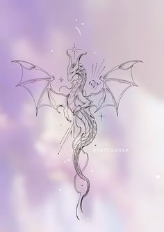 a drawing of a dragon on a purple background