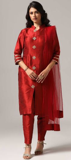 Red and Maroon color Salwar Kameez in Raw Silk fabric with Gota Patti, Lace, Stone work Red Anarkali Style Raw Silk Churidar, Designer Red Kurta With Pallu, Red Salwar Kameez With Sheer Dupatta, Red Lehenga With Straight Kurta And Dupatta, Red Lehenga With Dupatta And Straight Kurta, Designer Red Churidar With Sheer Dupatta, Red Straight Kurta With Dori Work, Red Churidar With Sheer Dupatta For Navratri, Red Raw Silk Kurta With Dori Work