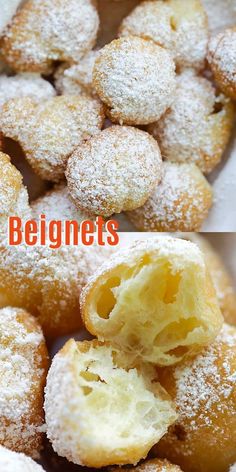 two pictures of powdered sugar doughnuts with the title below