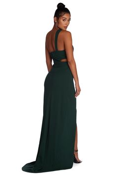 Special OccasionGrace them with yourpresence in our captivating Erica dress! She features an all over hunter green hue. a one shoulder neckline. an asymmetrical shoulder strap. princess seams and waist cut outs. Her slim fit bodice leads to a floor length wrap asymmetricalsilhouette. She is composed of a lined crepe fabric that offers a form hugging fit with a moderate stretch. Includes a back zipper closure with a fish hook clasp.Special Occasion products cannot be returned to any retail locati One Shoulder Neckline, Neon Dresses, Color Dress, Maxi Dresses Casual, Hook Clasp, Princess Seam, Crepe Fabric, Cropped Denim, Hunter Green