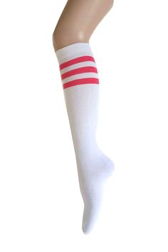 White with Bright Pink Stripes Halloween Costume Knee High Dress Socks, Great for Costumes and Cosplay and Party Event and Cheerleading Team. Nice Gift for Birthday and Holiday. They're can be wear in multi-occasion, One size fit most(women's size 5.5-10.5). They're made by combed cotton and polyester and spandex, the features are comfortable and breathable and elasticity and machine washable. White Casual Knee-high Socks For School, Casual White Knee-high Socks For School, White Knee-high School Socks, Cute Stretch White Knee-high Socks, Trendy White Knee-high School Socks, Cute White Stretch Knee-high Socks, Trendy White Knee-high Socks For School, White Cotton School Socks, Cute White School Socks