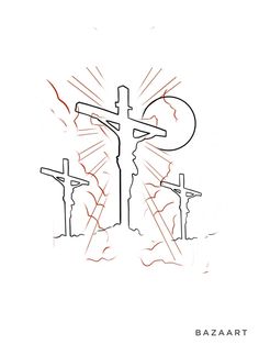 the crucifix is drawn in red and black ink on a white background