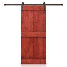 an open wooden door with metal hardware on the top and bottom, against a white background