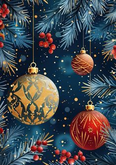 christmas ornaments and pine branches on a dark blue background with red berries, gold baubles and snow flakes