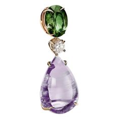 This contemporary pendant necklace is made of 18 karat yellow gold with natural green sapphire (oval cut), cabochon amethyst and round diamond. We work with german gems company, that is in the market since the 19th century. The piece can be customised with a variety of gemstones such as sapphires, indicolites, rose tourmalines, smoky quartzes, blue topazes and purple or lavender amethysts. It can be made in white, rose or yellow gold upon request. Luxury Purple Oval Pendant Jewelry, Luxury Elegant Oval Pendant Gemstones, Luxury Necklaces With Natural Stones In Oval Pendant, Earrings To Make, Drop Pendant Necklace, Contemporary Pendant, Green Sapphire, Green Necklace, Drop Necklace